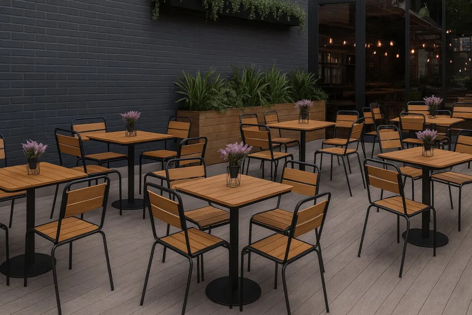 Cafe terassipöytä + 2 Cafe terassituolia ilman käsinojia
