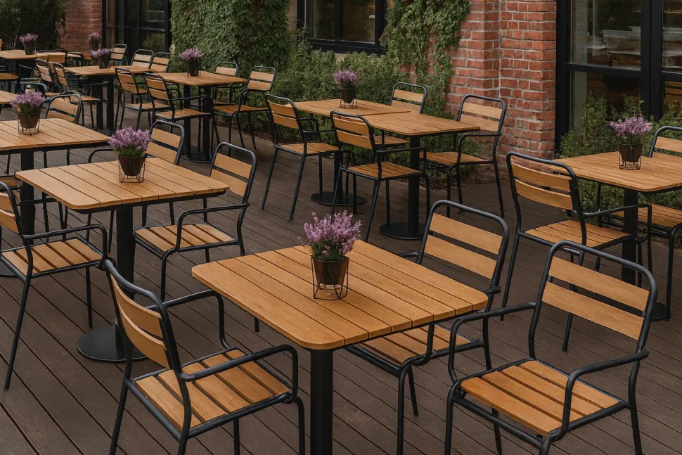 Cafe terassipöytä + 4 Cafe terassituolia käsinojilla
