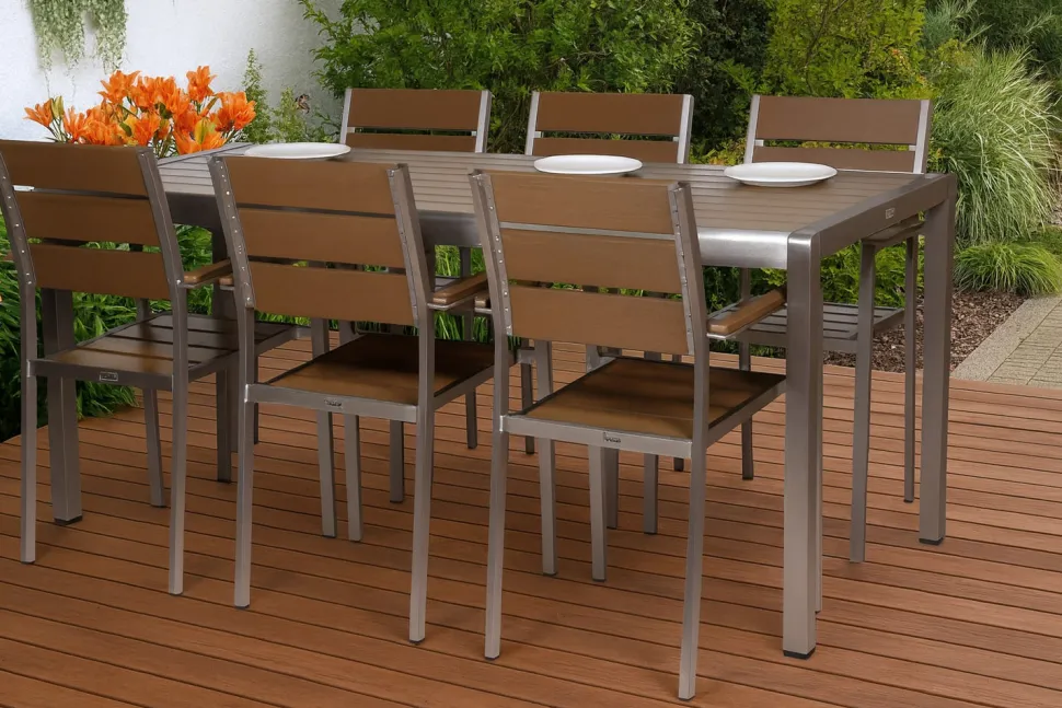 MILANO ARTWOOD PÖYTÄ + 6 MILANO TUOLIA RUSKEA/ALUMIINI