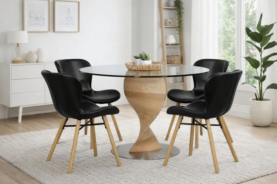 ORIENT PYÖREÄ 120 CM DESIGN RUOKAPÖYTÄ LASIKANNELLA + 4 OREGON PU-NAHKALLA VERHOILTUNA