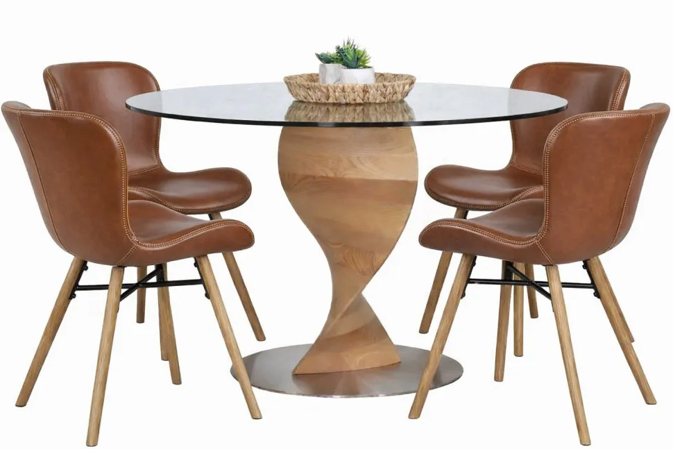 ORIENT PYÖREÄ 120 CM DESIGN RUOKAPÖYTÄ LASIKANNELLA + 4 OREGON PU-NAHKALLA VERHOILTUNA