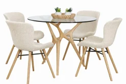 SALVADOR PYÖREÄ 100 CM DESIGN RUOKAPÖYTÄ LASIKANNELLA + 4 OREGON TUOLIA KANGASVERHOILTUNA