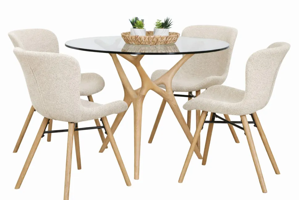 SALVADOR PYÖREÄ 100 CM DESIGN RUOKAPÖYTÄ LASIKANNELLA + 4 OREGON TUOLIA KANGASVERHOILTUNA