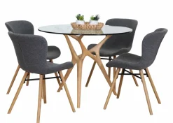 SALVADOR PYÖREÄ 100 CM DESIGN RUOKAPÖYTÄ LASIKANNELLA + 4 OREGON TUOLIA KANGASVERHOILTUNA