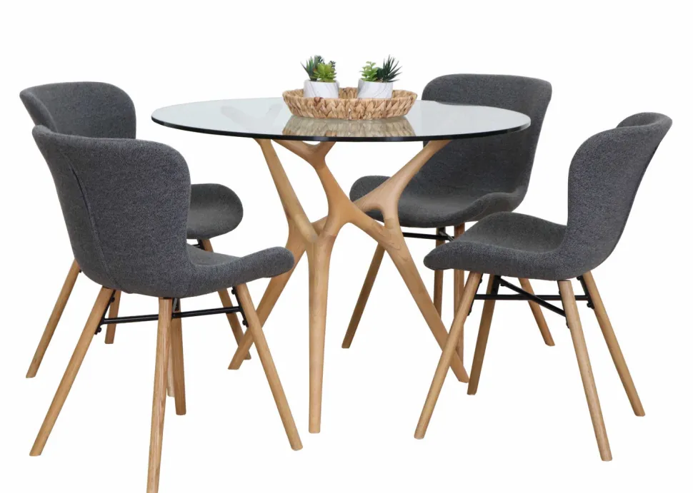 SALVADOR PYÖREÄ 100 CM DESIGN RUOKAPÖYTÄ LASIKANNELLA + 4 OREGON TUOLIA KANGASVERHOILTUNA