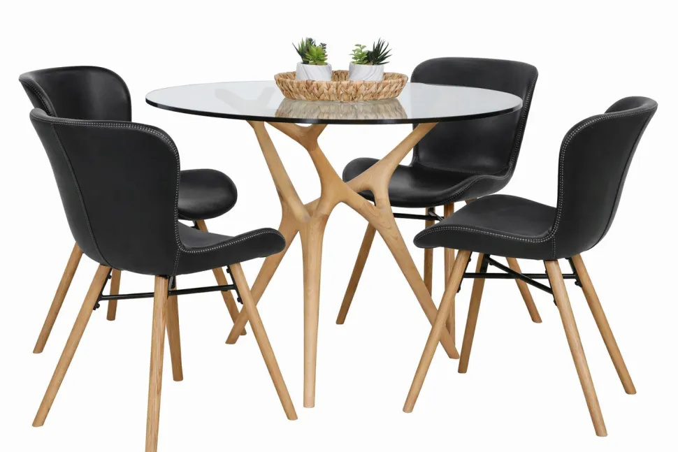 SALVADOR PYÖREÄ 100 CM DESIGN RUOKAPÖYTÄ LASIKANNELLA + 4 OREGON TUOLIA PU-NAHKA VERHOILTUNA