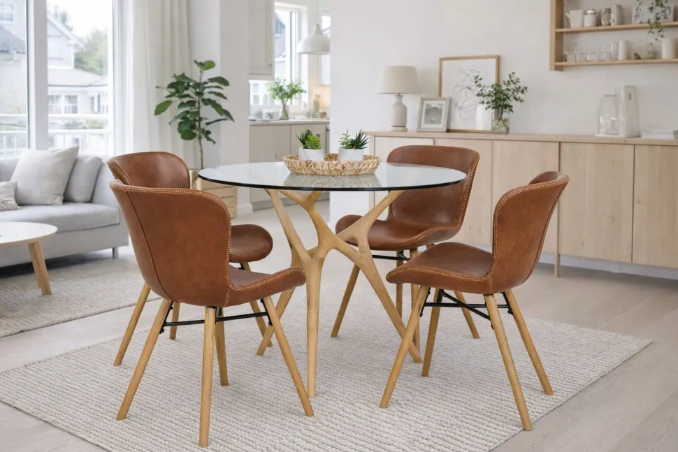 SALVADOR PYÖREÄ 100 CM DESIGN RUOKAPÖYTÄ LASIKANNELLA + 4 OREGON TUOLIA PU-NAHKA VERHOILTUNA