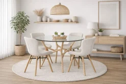SANTIAGO PYÖREÄ 120 CM DESIGN RUOKAPÖYTÄ LASIKANNELLA + 4 OREGON TUOLIA KANGASVERHOILTUNA