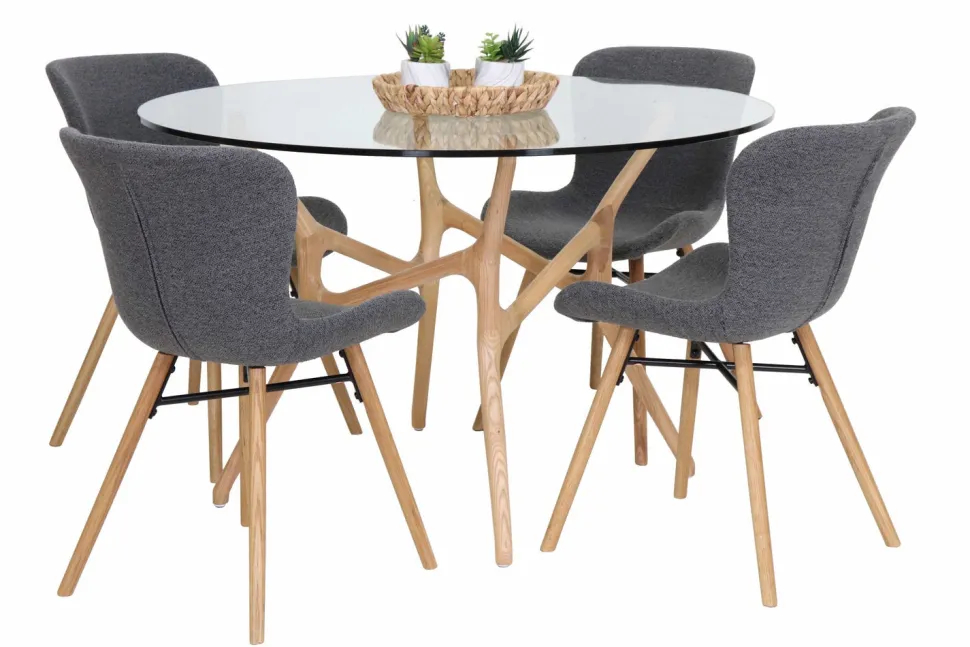 SANTIAGO PYÖREÄ 120 CM DESIGN RUOKAPÖYTÄ LASIKANNELLA + 4 OREGON TUOLIA KANGASVERHOILTUNA