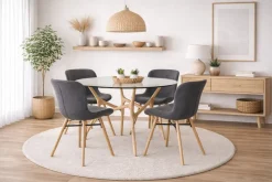 SANTIAGO PYÖREÄ 120 CM DESIGN RUOKAPÖYTÄ LASIKANNELLA + 4 OREGON TUOLIA KANGASVERHOILTUNA