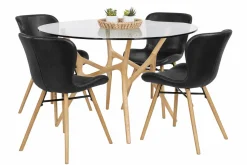 SANTIAGO PYÖREÄ 120 CM DESIGN RUOKAPÖYTÄ LASIKANNELLA + 4 OREGON TUOLIA PU-NAHKALLA VERHOILTUNA
