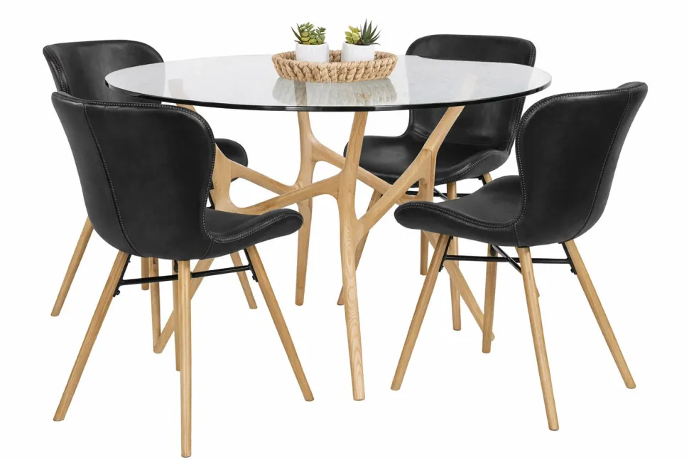 SANTIAGO PYÖREÄ 120 CM DESIGN RUOKAPÖYTÄ LASIKANNELLA + 4 OREGON TUOLIA PU-NAHKALLA VERHOILTUNA