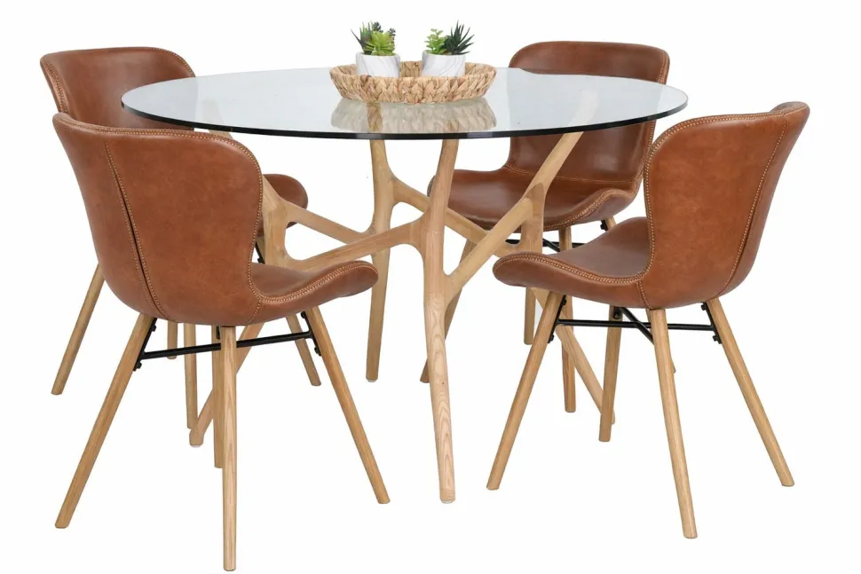 SANTIAGO PYÖREÄ 120 CM DESIGN RUOKAPÖYTÄ LASIKANNELLA + 4 OREGON TUOLIA PU-NAHKALLA VERHOILTUNA