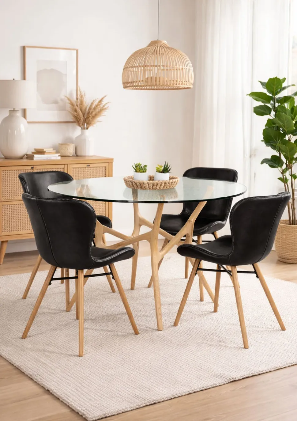 SANTIAGO PYÖREÄ 120 CM DESIGN RUOKAPÖYTÄ LASIKANNELLA + 4 OREGON TUOLIA PU-NAHKALLA VERHOILTUNA