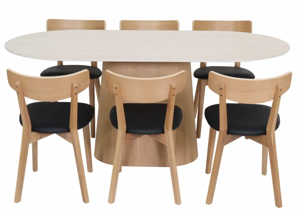 Travertine 180cm ovaali ruokapöytä kivikannella + 6 Austin tammituolia