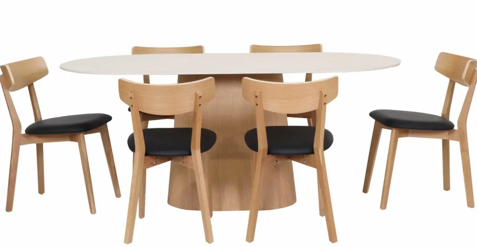 Travertine 180cm ovaali ruokapöytä kivikannella + 6 Austin tammituolia