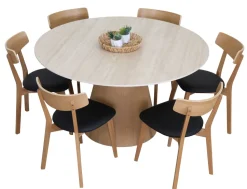Travertine pyöreä ruokapöytä keramiikkakannella + 6 Austin tammituolia